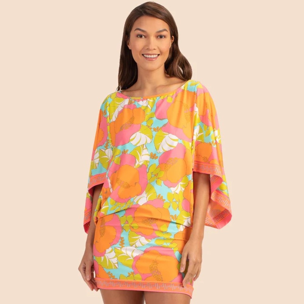 New Trina Turk Playa de Flor Swim Drape Sleeve Boatneck Tunic Floral Mini Dress - Picture 2 of 6